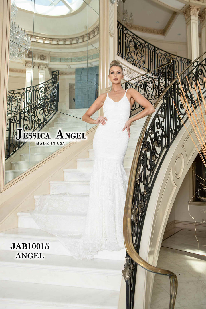 Lace V-Neck Slit Bridal Gown by Jessica Angel 10015
