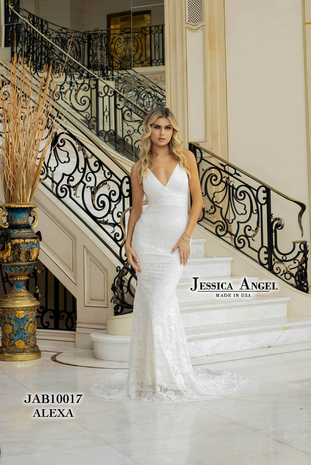 Jessica Angel 10017 Simple Long Bridal Lace Fitted Wedding Dress - White / M Jessica Angel 10017 Simple Long Bridal Lace Fitted Wedding Dress - White / M
