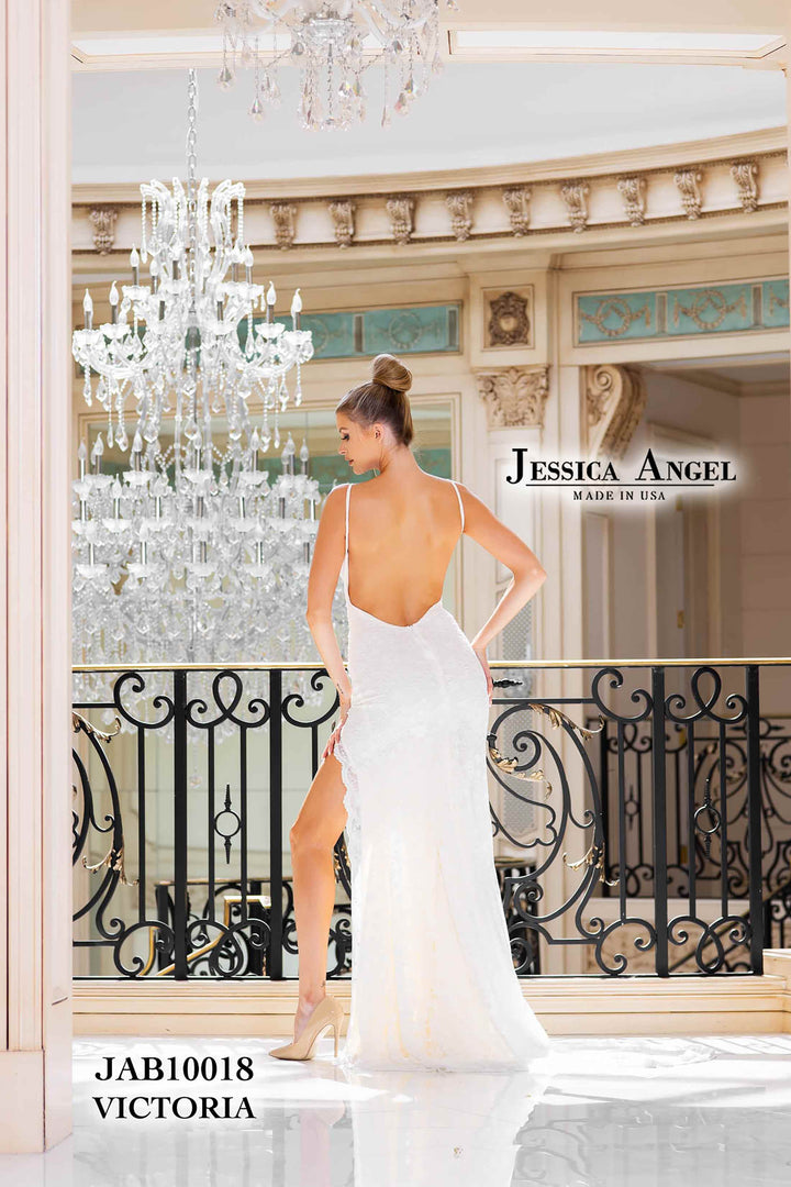 Lace V-Neck Slit Bridal Gown by Jessica Angel 10018