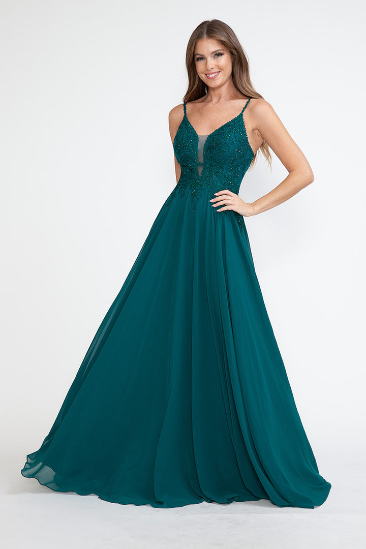 Applique Chiffon V-Neck A-line Gown by Lenovia 8185