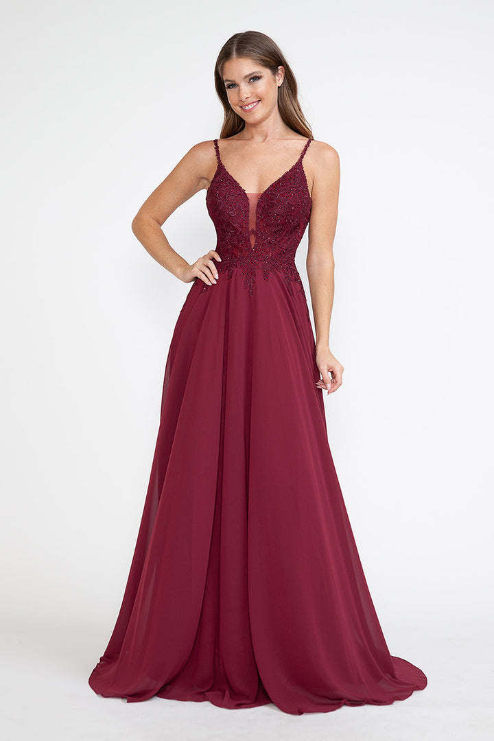 Applique Chiffon V-Neck A-line Gown by Lenovia 8185