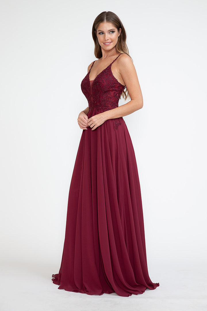 Applique Chiffon V-Neck A-line Gown by Lenovia 8185