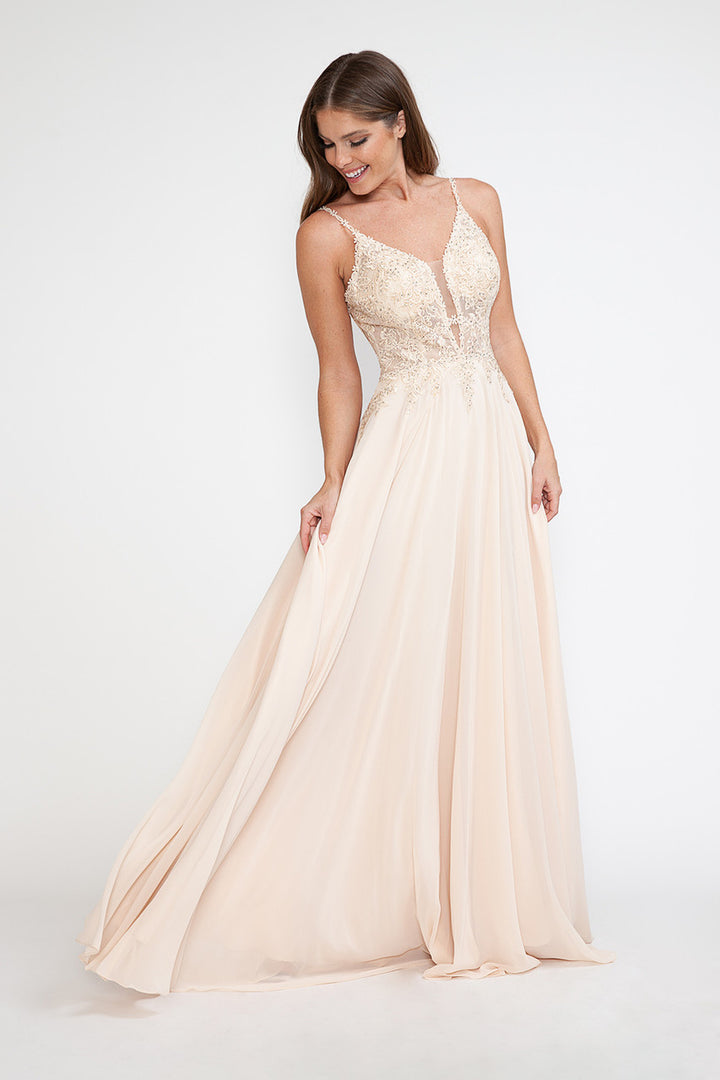 Applique Chiffon V-Neck A-line Gown by Lenovia 8185