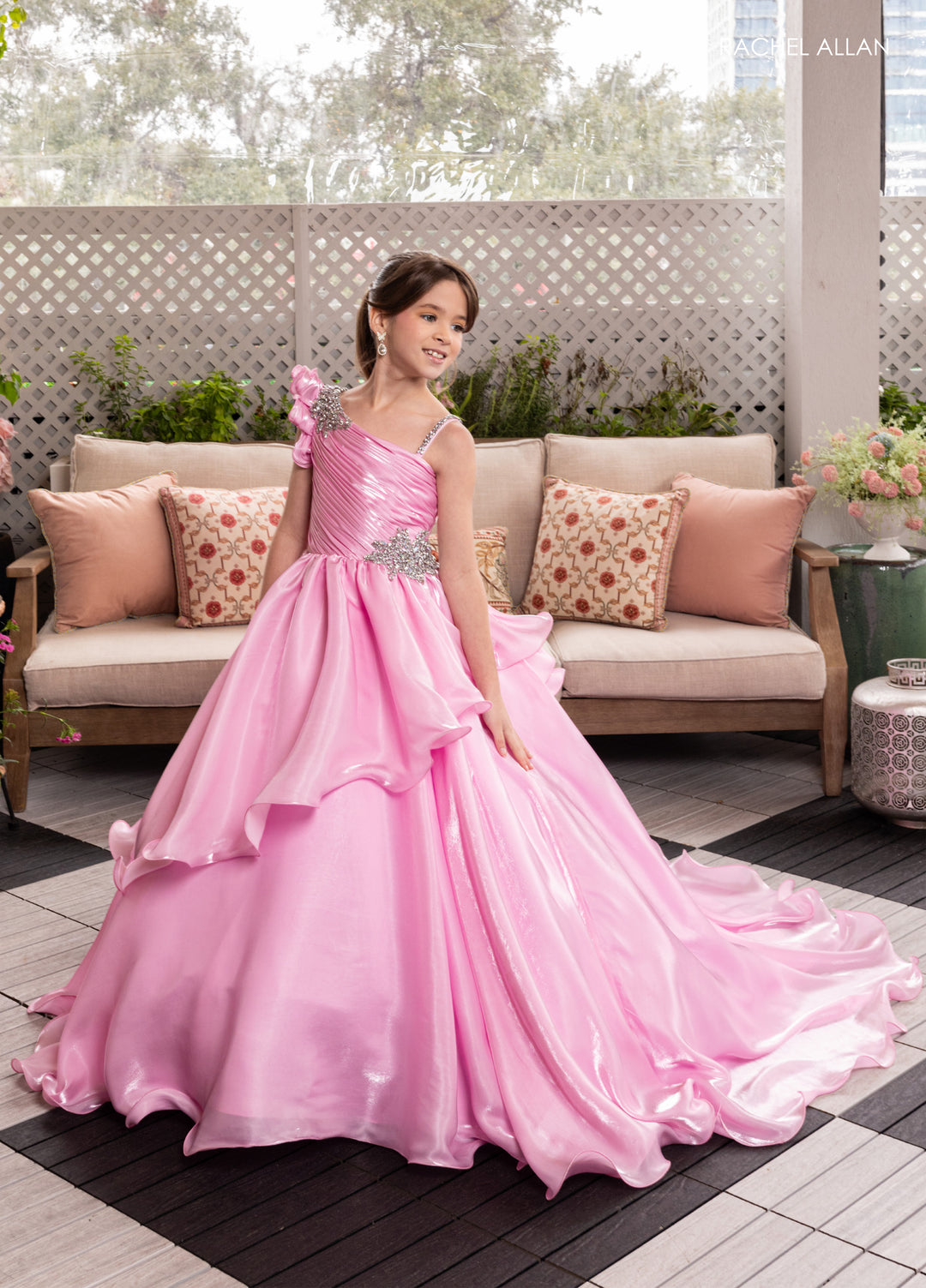 Girl's One Shoulder Layered Gown by Rachel Allan 10281