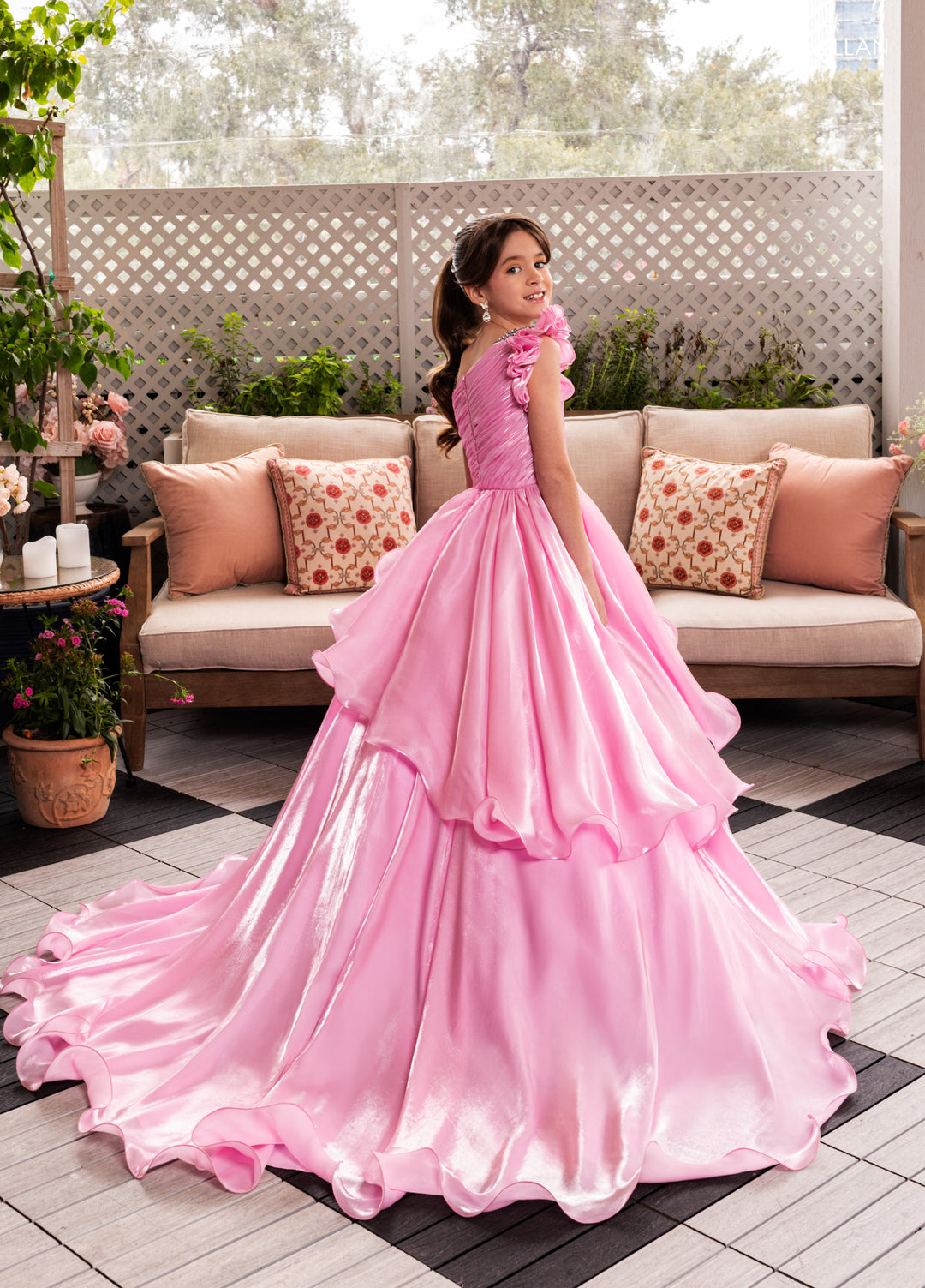 Girl's One Shoulder Layered Gown by Rachel Allan 10281