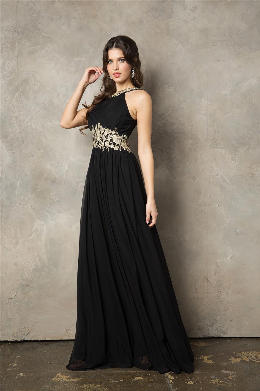 Gold Embroidered Halter A-line Chiffon Gown by Juno 1029