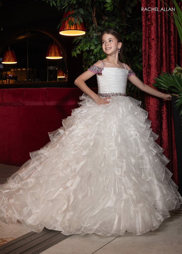 Girl's Off Shoulder Ruffled Gown by Rachel Allan 10293