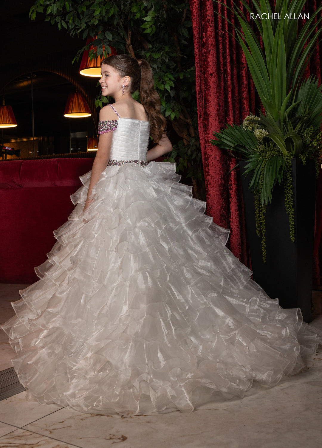 Girl's Off Shoulder Ruffled Gown by Rachel Allan 10293