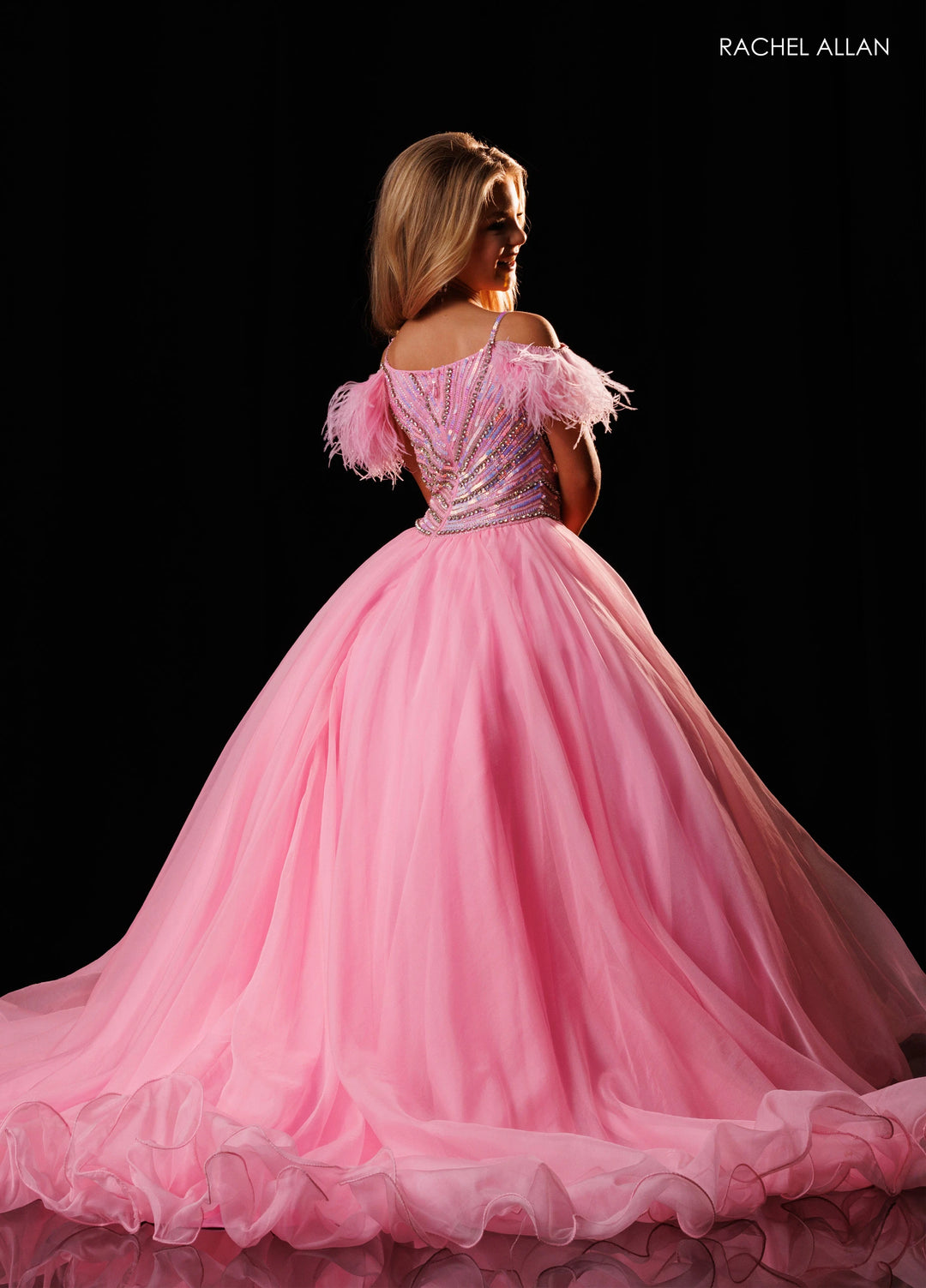 Girl's Feather Off Shoulder Gown by Rachel Allan 10344
