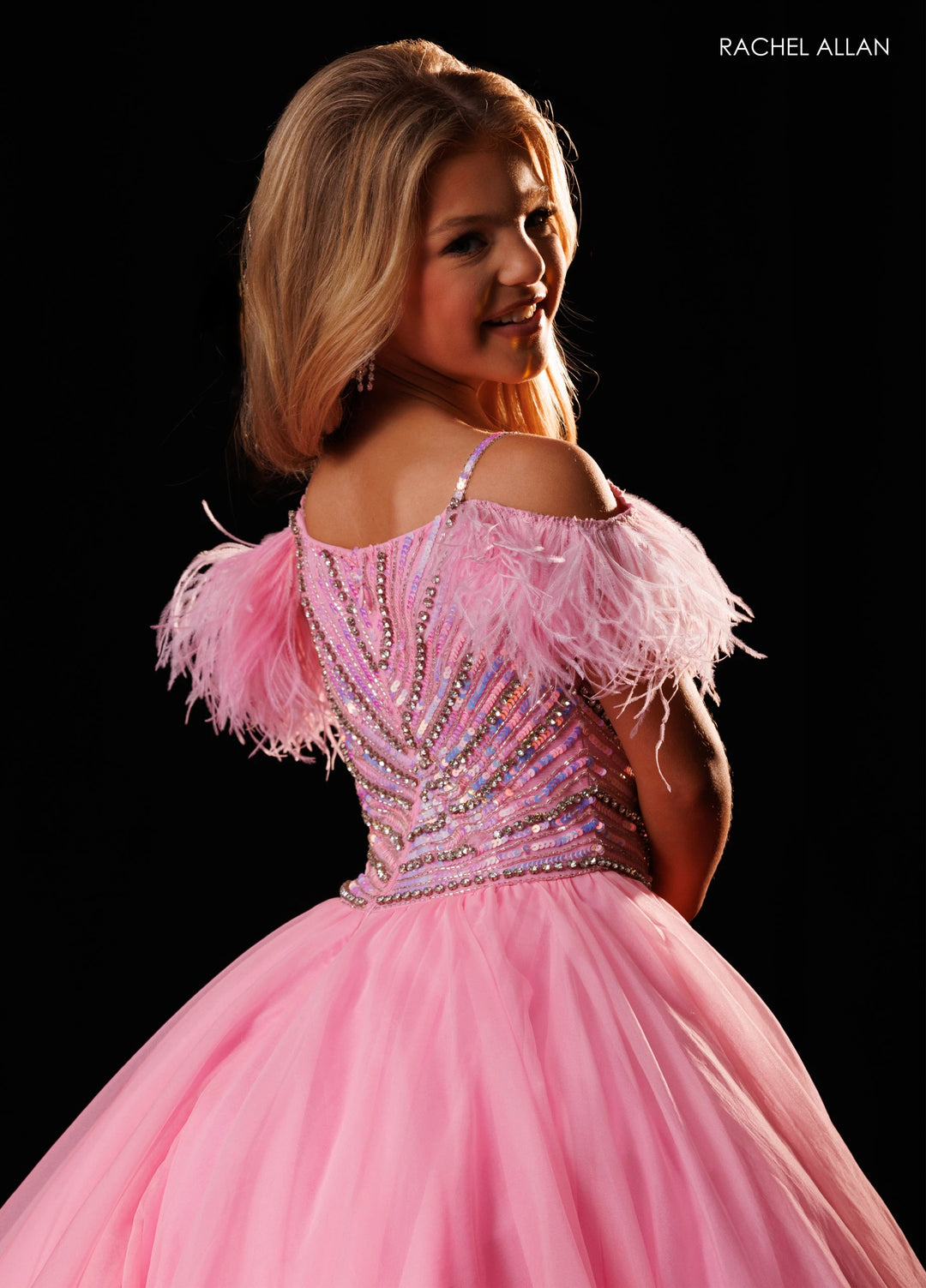 Girl's Feather Off Shoulder Gown by Rachel Allan 10344