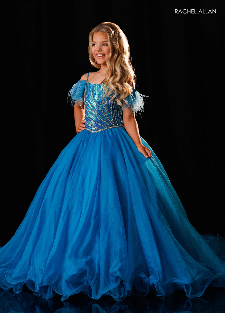 Girl's Feather Off Shoulder Gown by Rachel Allan 10344