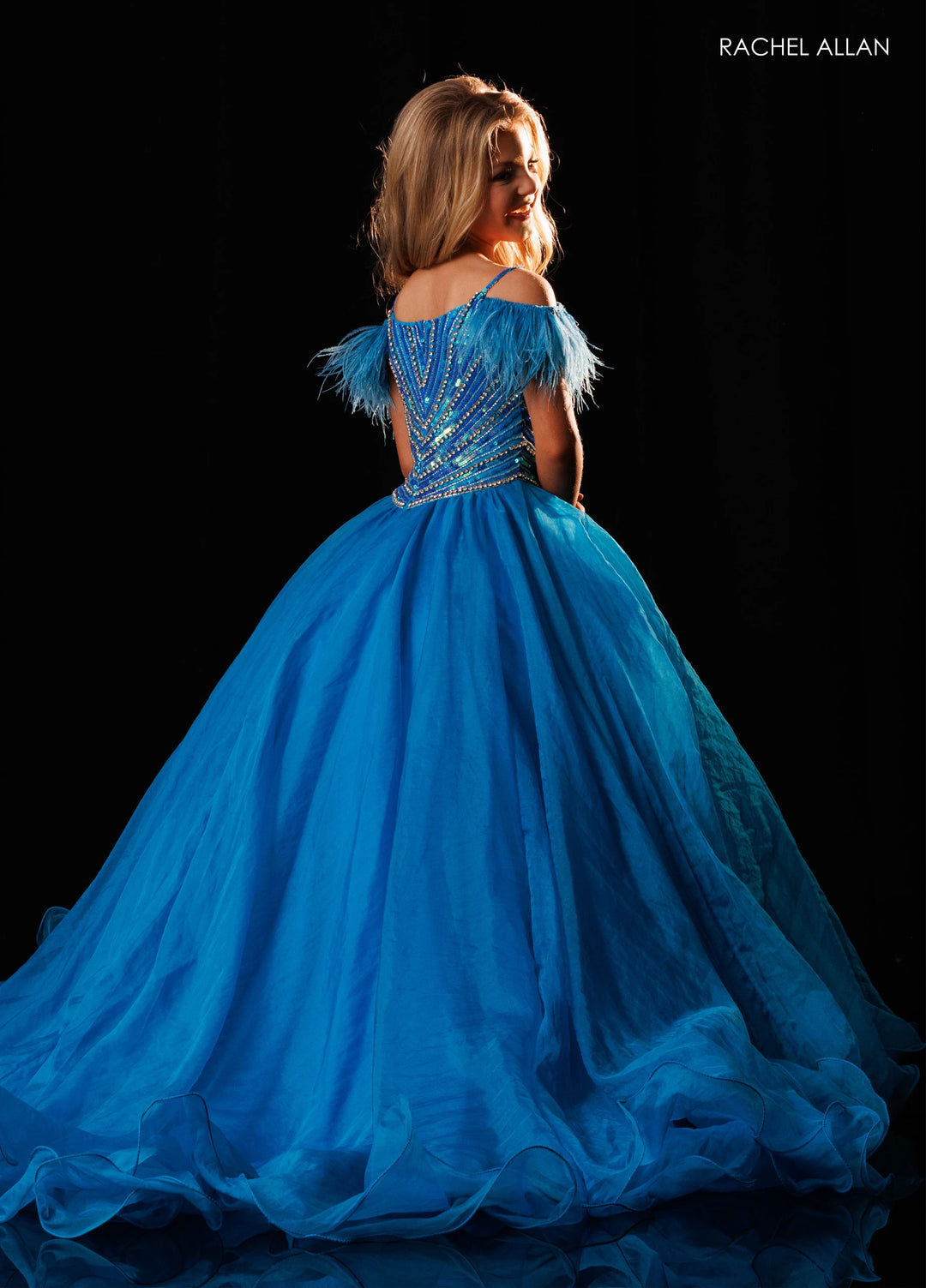 Girl's Feather Off Shoulder Gown by Rachel Allan 10344