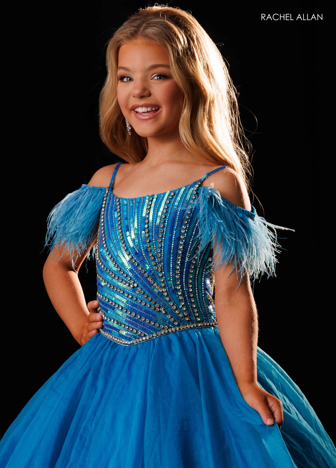 Girl's Feather Off Shoulder Gown by Rachel Allan 10344