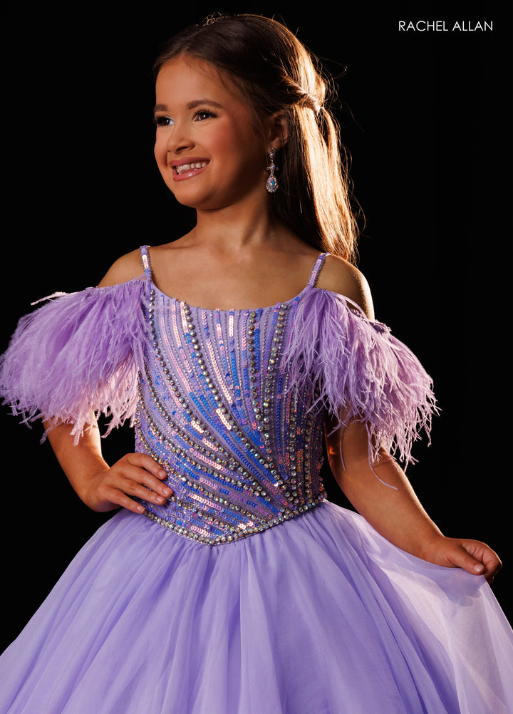 Girl's Feather Off Shoulder Gown by Rachel Allan 10344