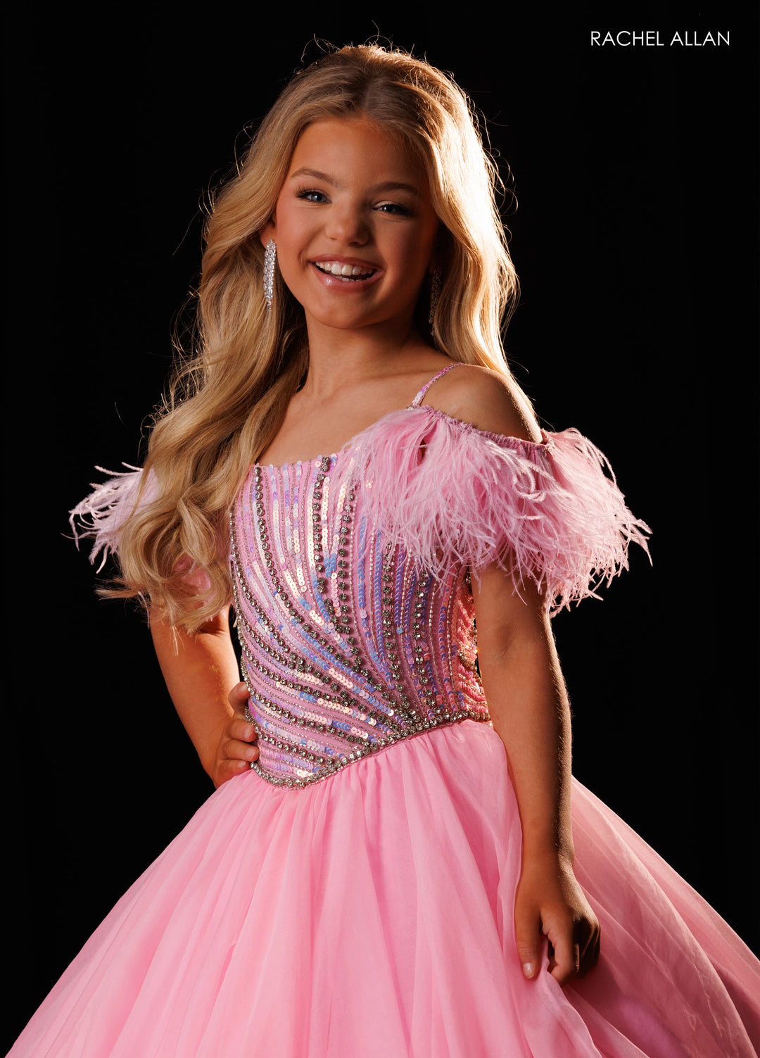 Girl's Feather Off Shoulder Gown by Rachel Allan 10344