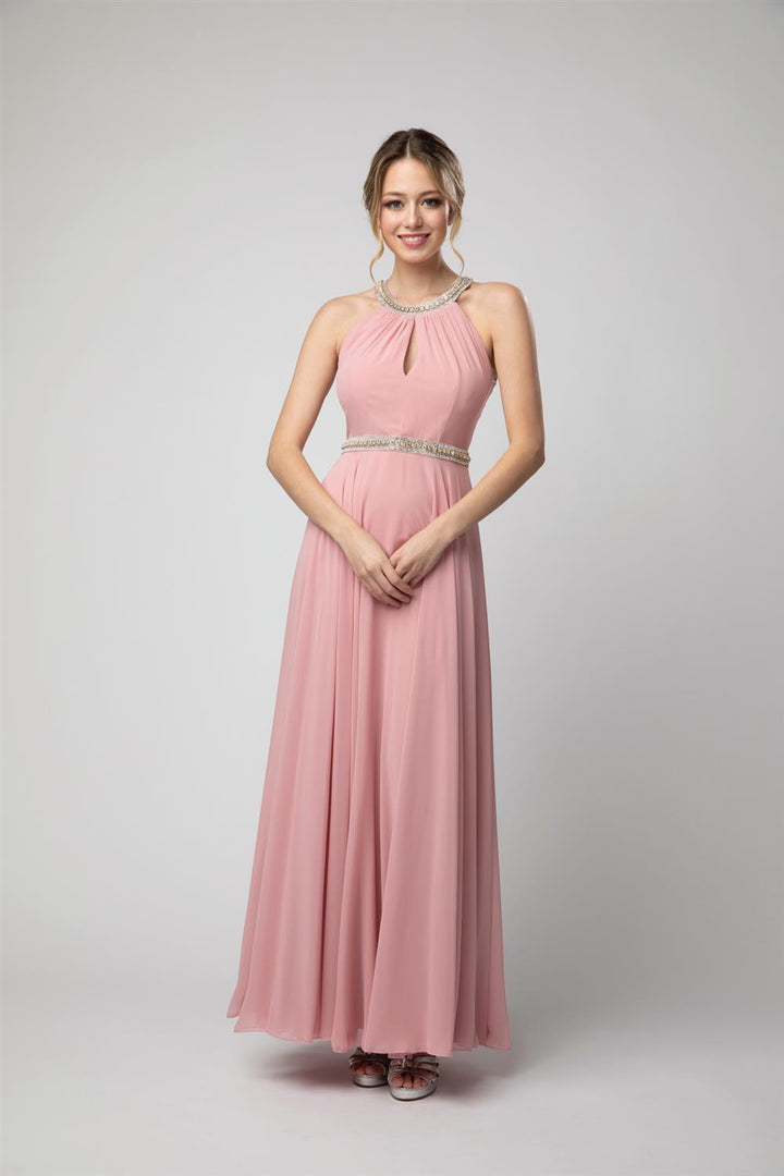 Beaded Halter Keyhole A-line Chiffon Gown by Juno 1054