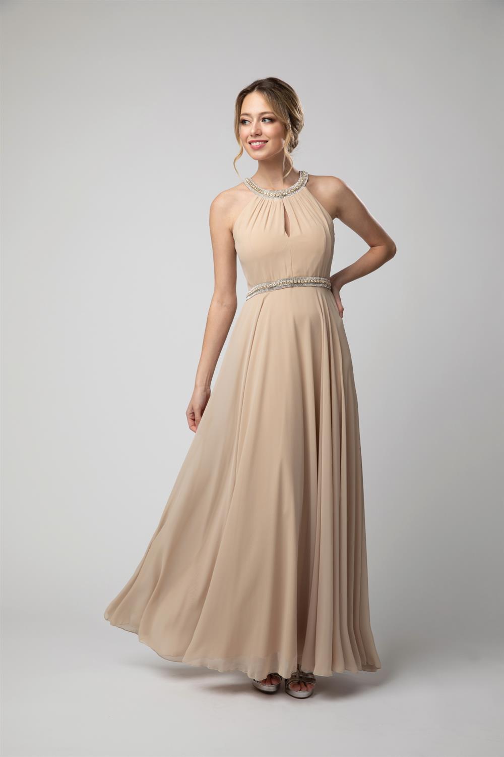 Beaded Halter Keyhole A-line Chiffon Gown by Juno 1054