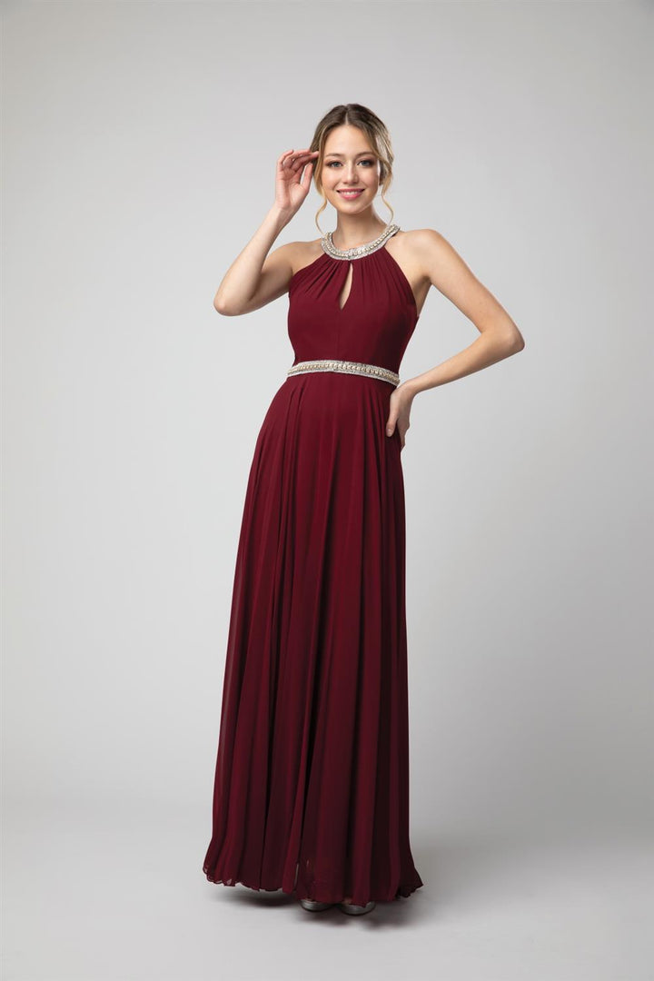 Beaded Halter Keyhole A-line Chiffon Gown by Juno 1054