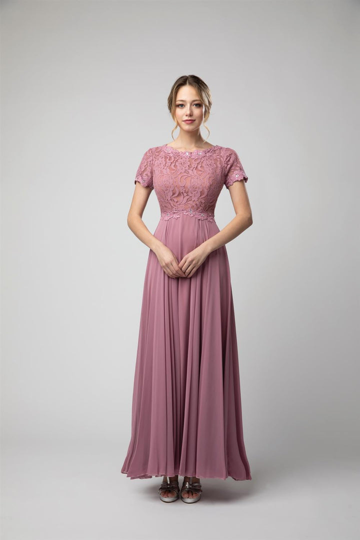 Short Sleeve Lace Bodice A-line Gown by Juno 1056