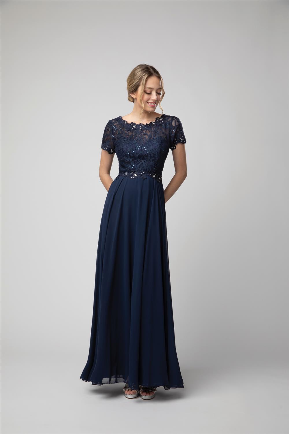 Short Sleeve Lace Bodice A-line Gown by Juno 1056
