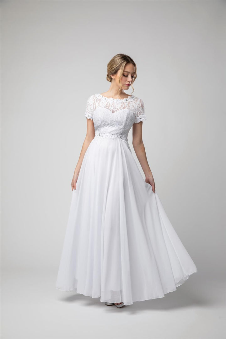 Short Sleeve Lace Bodice A-line Gown by Juno 1056