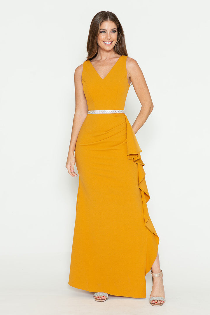 Crepe Fitted V-Neck Slit Gown by Lenovia 5287