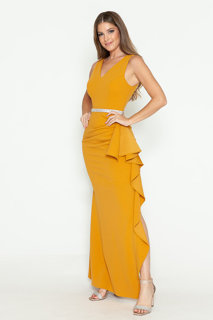 Crepe Fitted V-Neck Slit Gown by Lenovia 5287