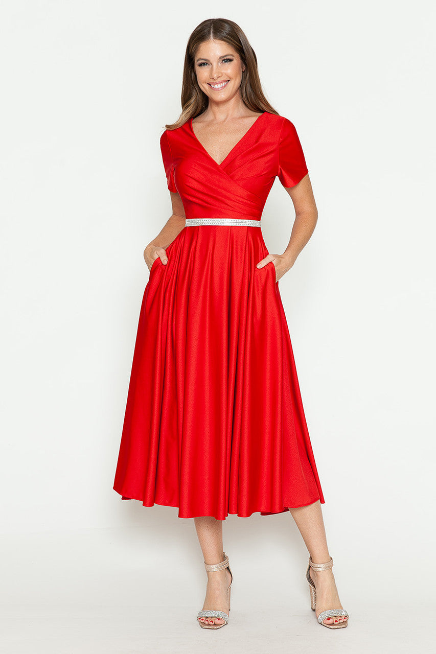 Satin Short Sleeve Tea Length Dress by Lenovia 5274