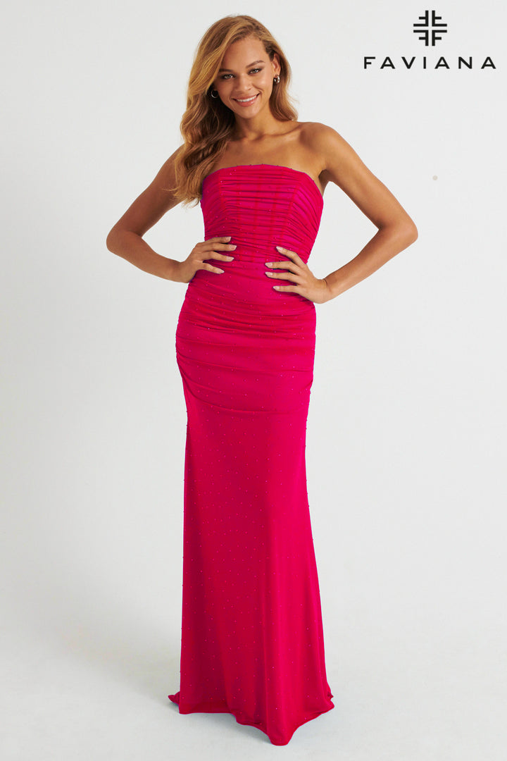 Beaded Mesh Fitted Strapless Gown by Faviana 11040