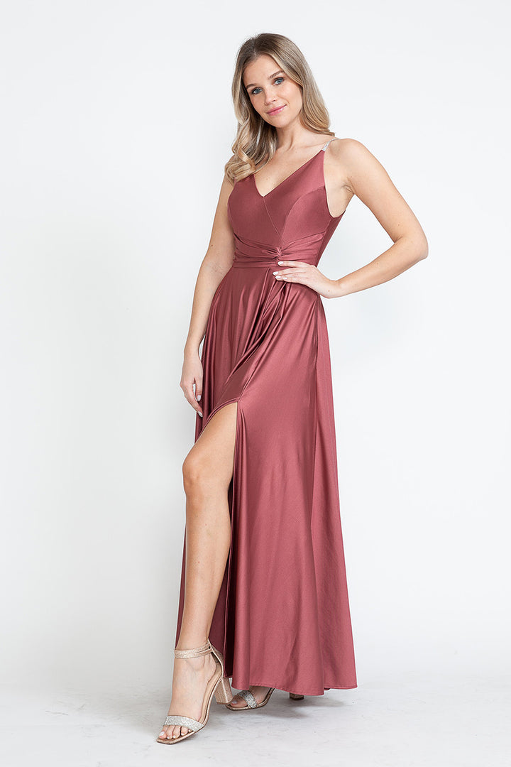 Satin Sleeveless A-line Slit Gown by Lenovia 5275