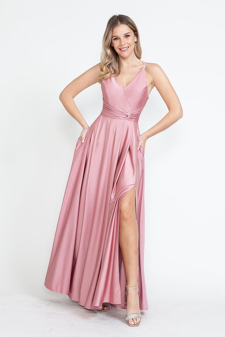 Satin Sleeveless A-line Slit Gown by Lenovia 5275