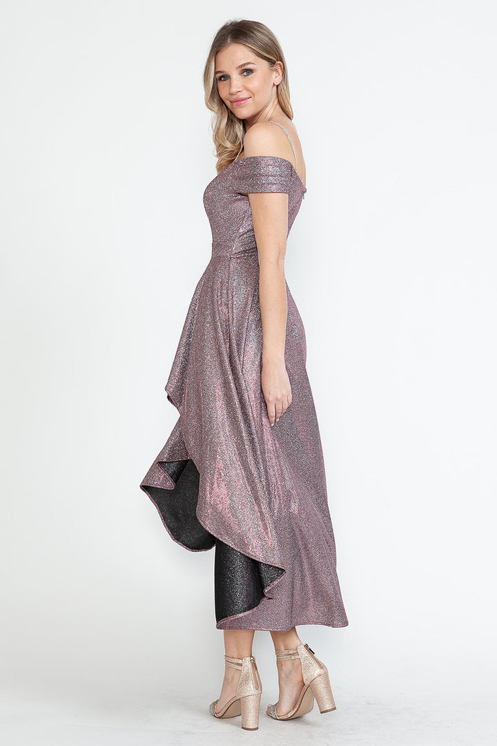Metallic Cold Shoulder High Low Dress by Lenovia 5290