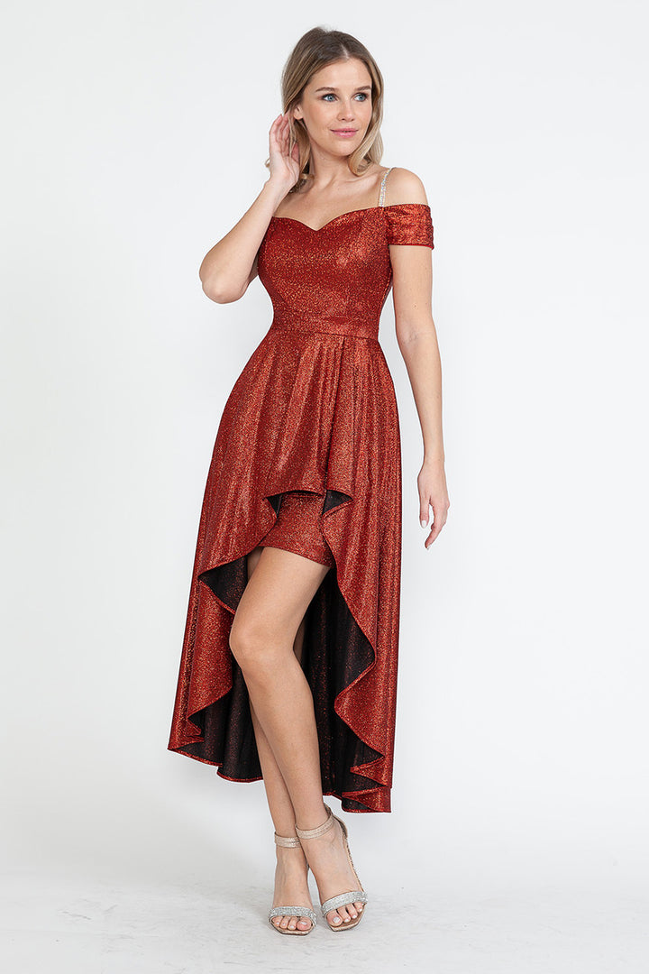 Metallic Cold Shoulder High Low Dress by Lenovia 5290