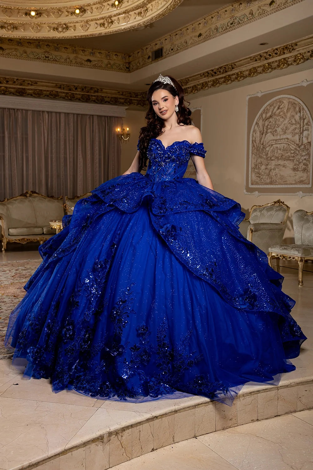 Off Shoulder Layered Ball Gown by May Queen LK298