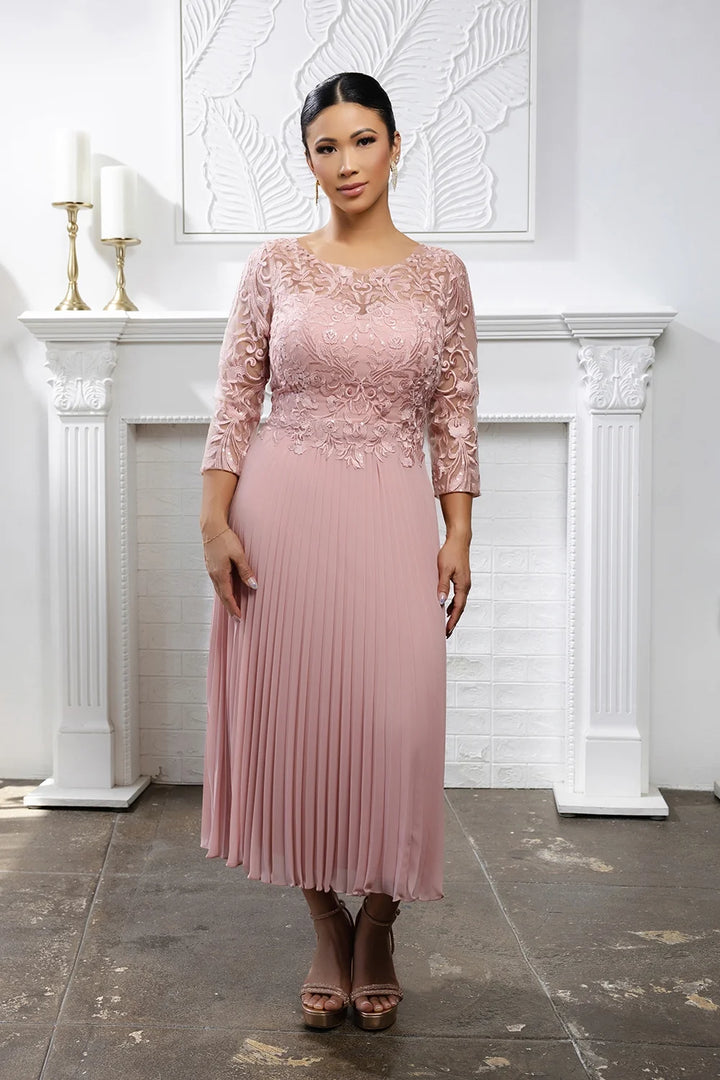 Pleated 3/4 Sleeve Tea Length Dress by May Queen MQ2189