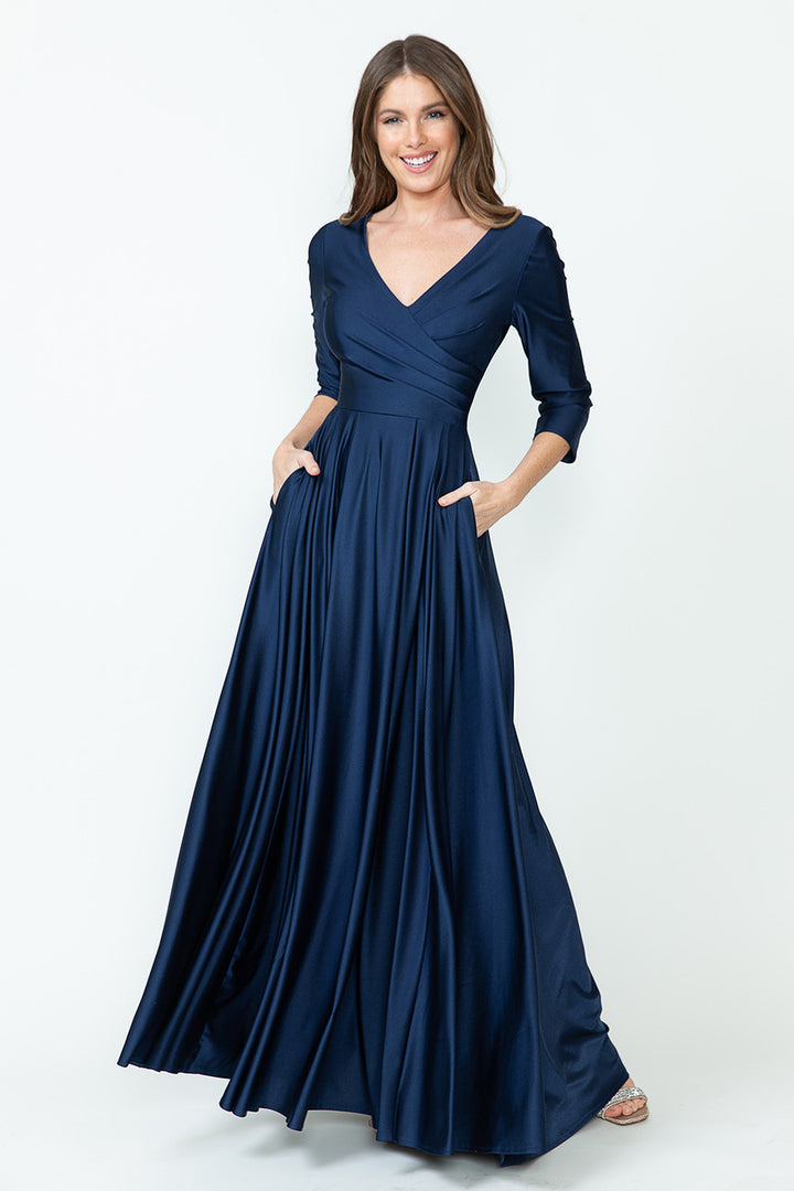 3/4 Sleeve V-Neck A-line Gown by Lenovia 5243
