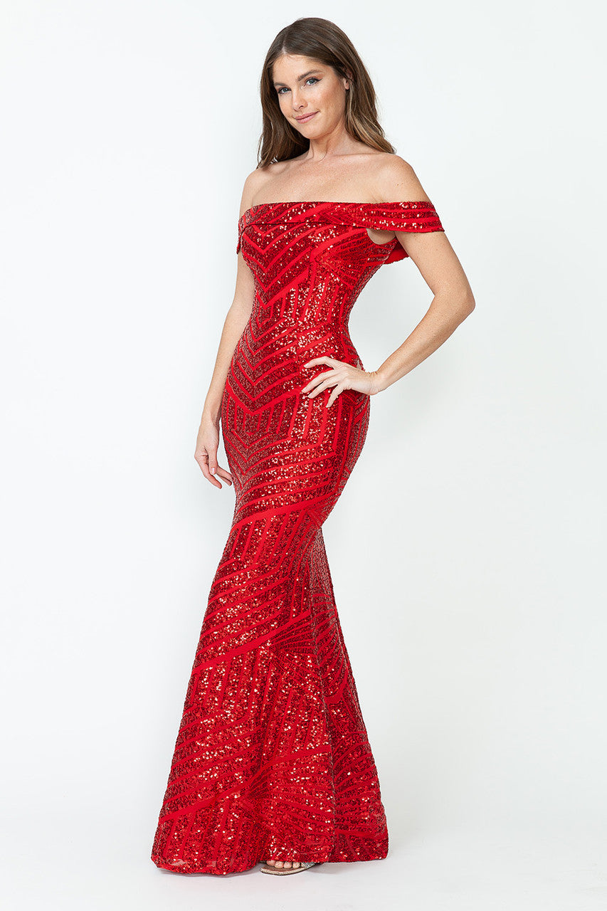 Sequin Print Fitted Off Shoulder Gown by Lenovia 5224