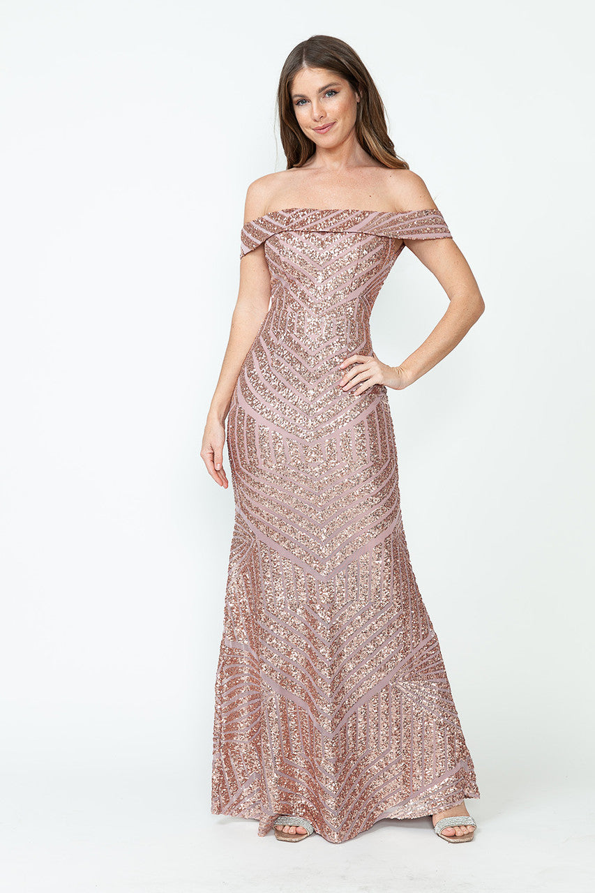 Sequin Print Fitted Off Shoulder Gown by Lenovia 5224