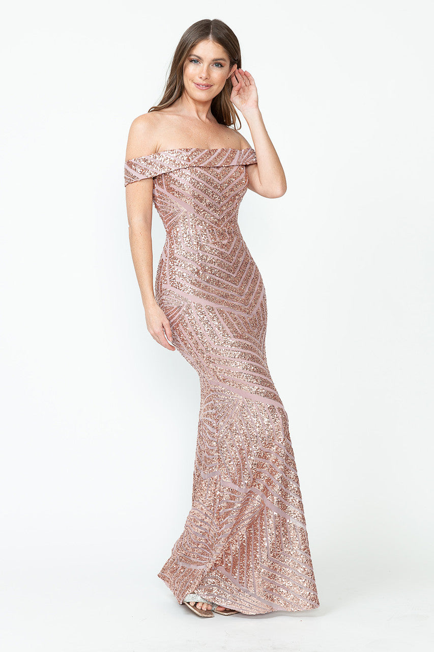 Sequin Print Fitted Off Shoulder Gown by Lenovia 5224
