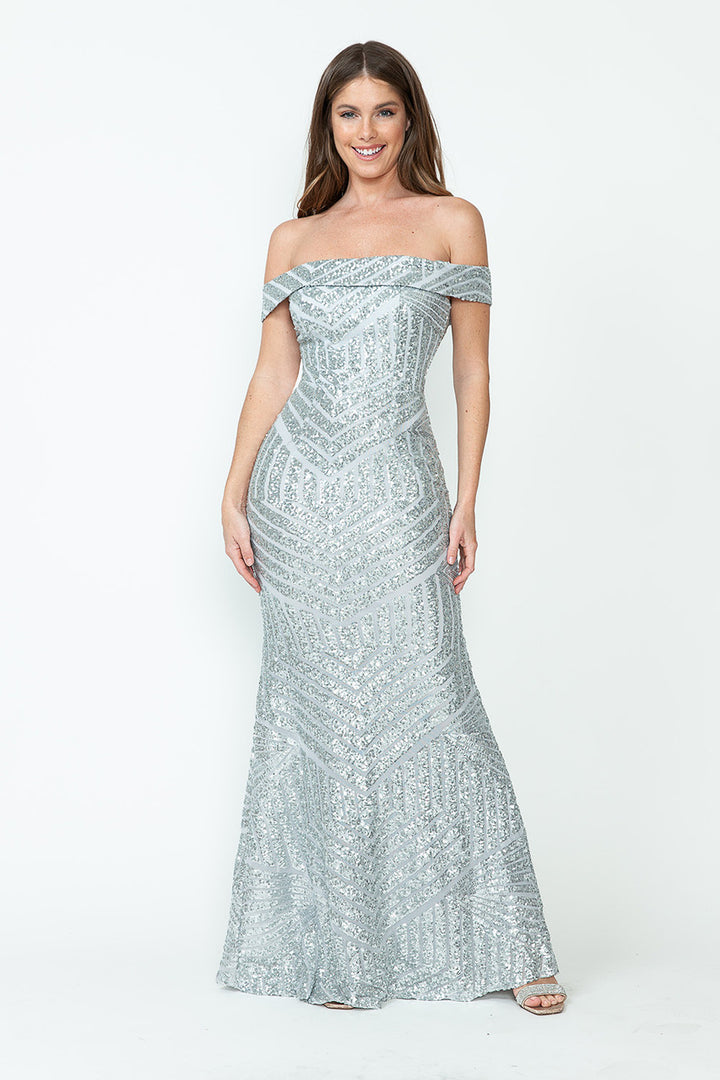 Sequin Print Fitted Off Shoulder Gown by Lenovia 5224