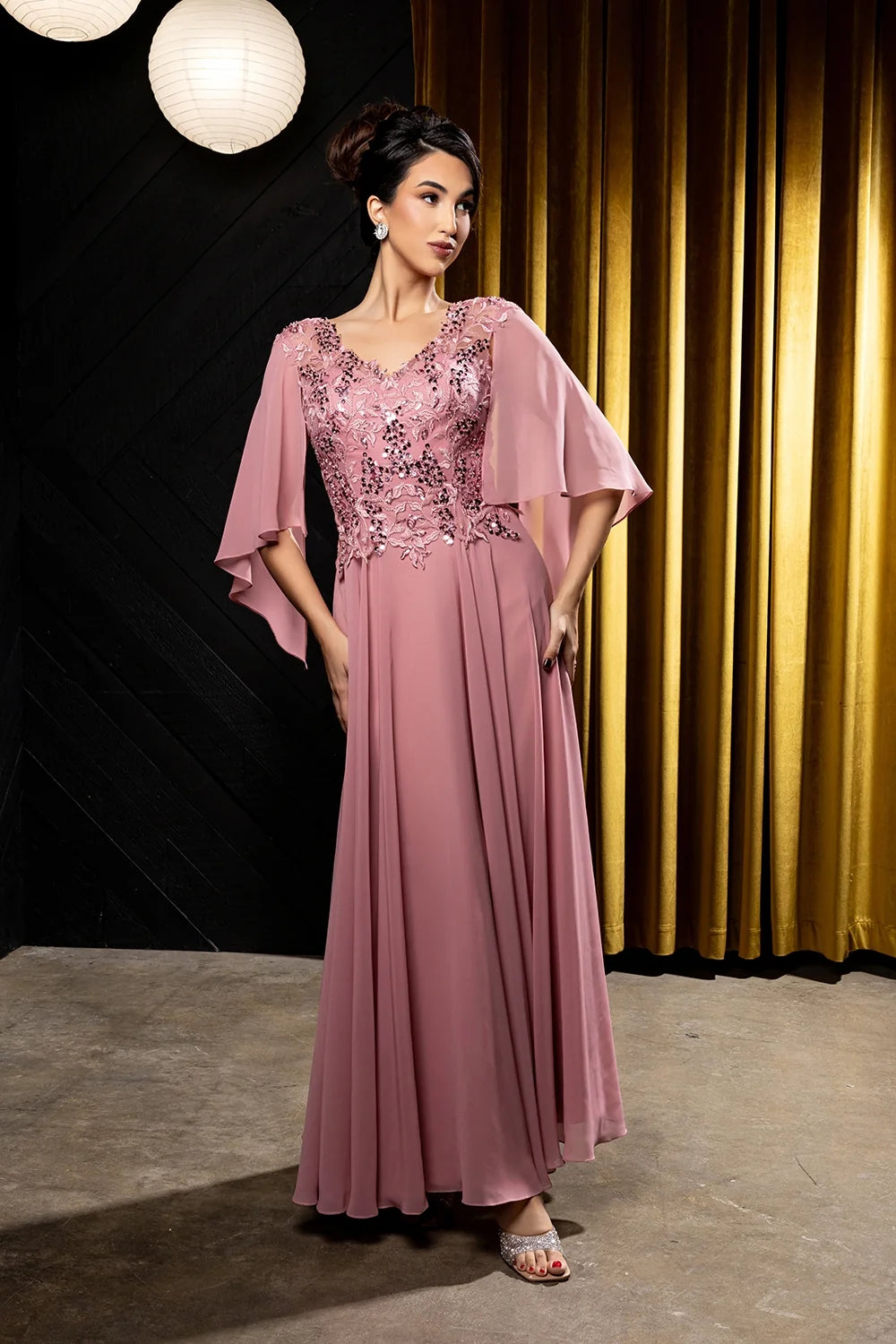 Applique Cap Sleeve A-line Gown by May Queen MQ2233
