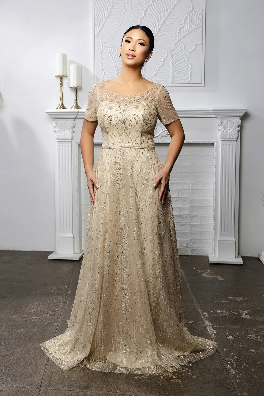Glitter Short Sleeve A-line Gown by May Queen MQ2185