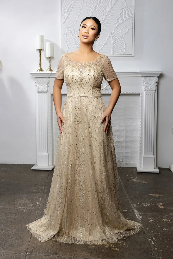 Glitter Short Sleeve A-line Gown by May Queen MQ2185