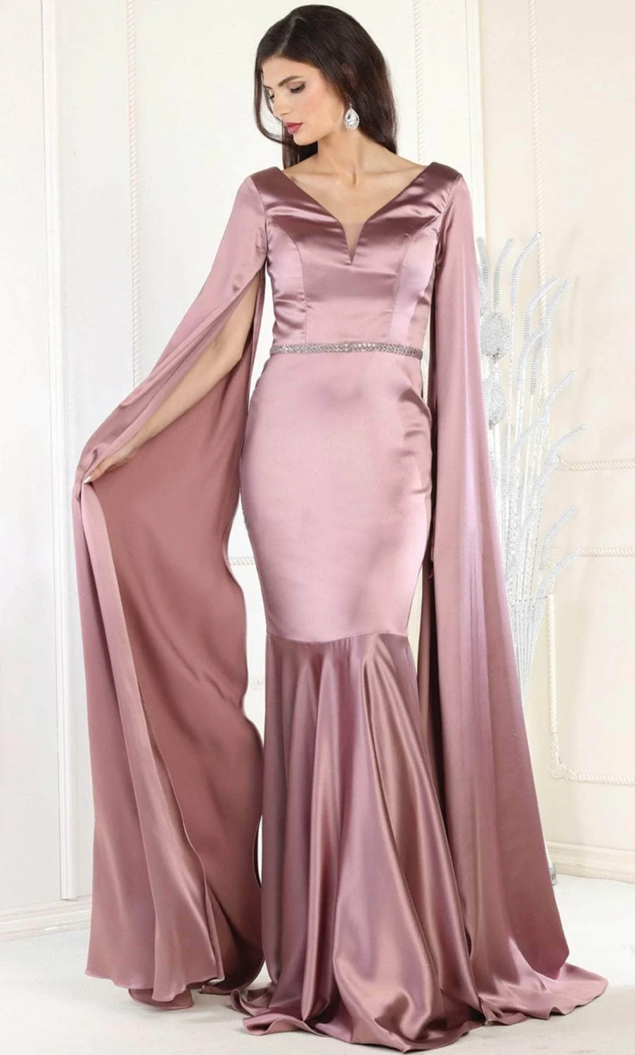 Satin Fitted Cape Sleeve Gown by May Queen RQ7961