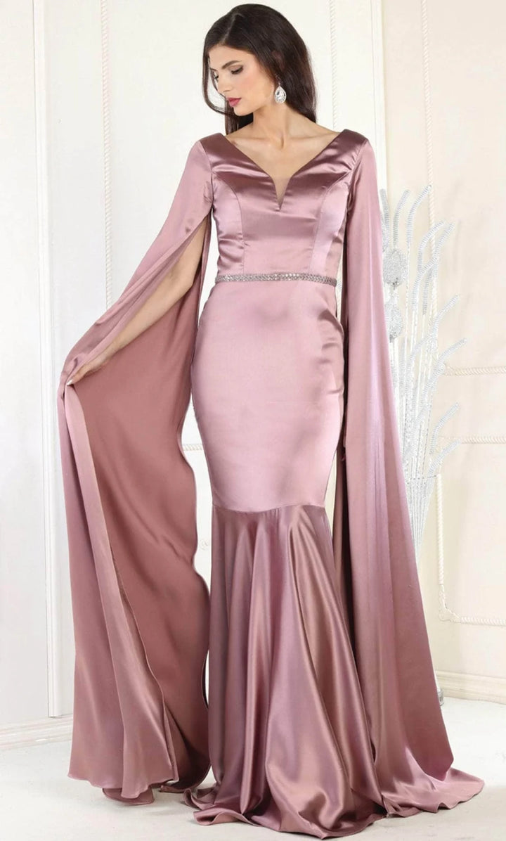 Satin Fitted Cape Sleeve Gown by May Queen RQ7961