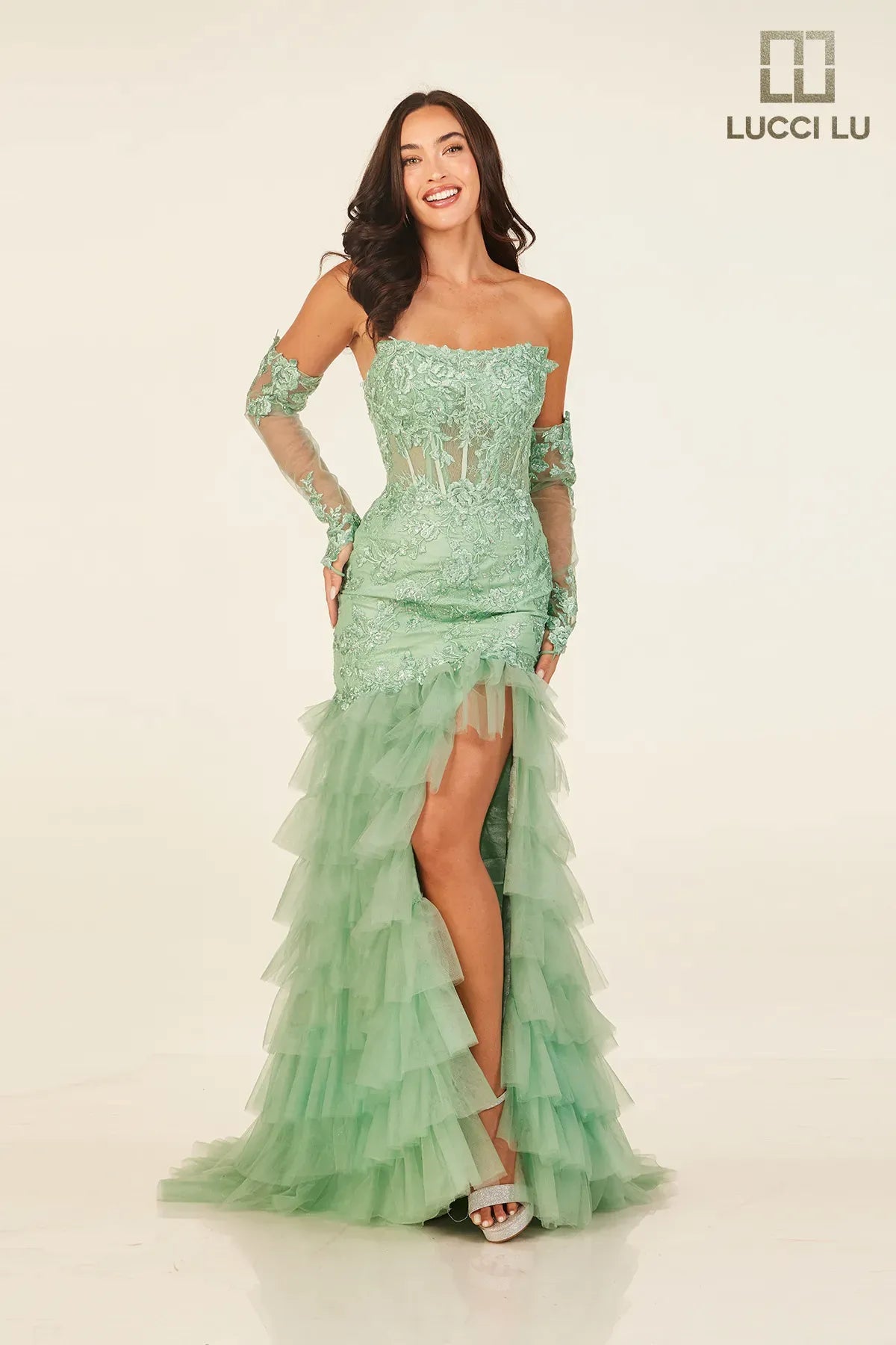 Fitted Long Sleeve Ruffled Slit Gown by Lucci Lu 1425 – ABC Fashion