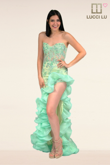 Fitted Strapless Ruffled Slit Gown by Lucci Lu 1430