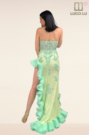 Fitted Strapless Ruffled Slit Gown by Lucci Lu 1430
