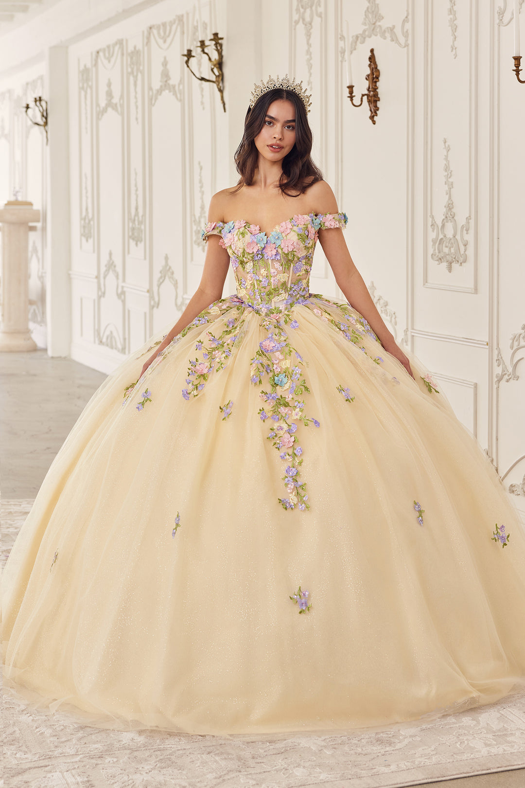 Multi-Color Floral Off Shoulder Ball Gown by Ladivine 15724