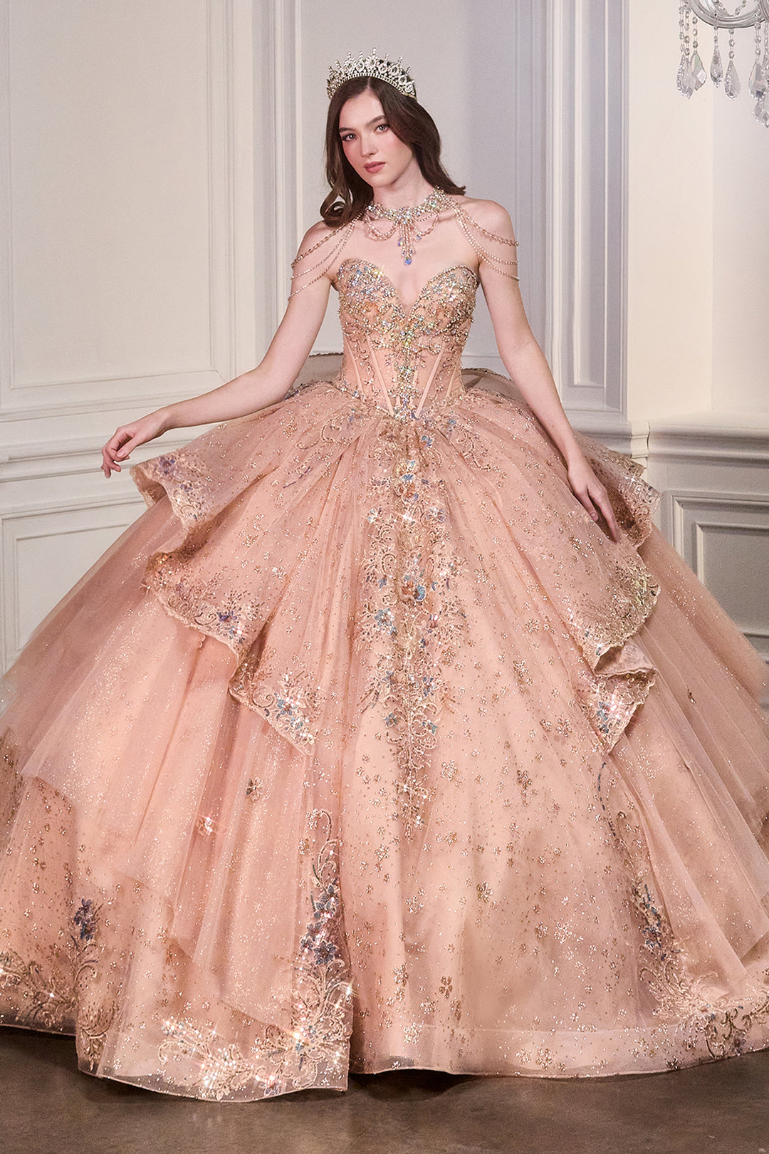 rose gold xv dresses Princesa Quinceanera PR30207 Adorned with intricate sequin embellishments Mumuleo Off Shoulder Rose Gold